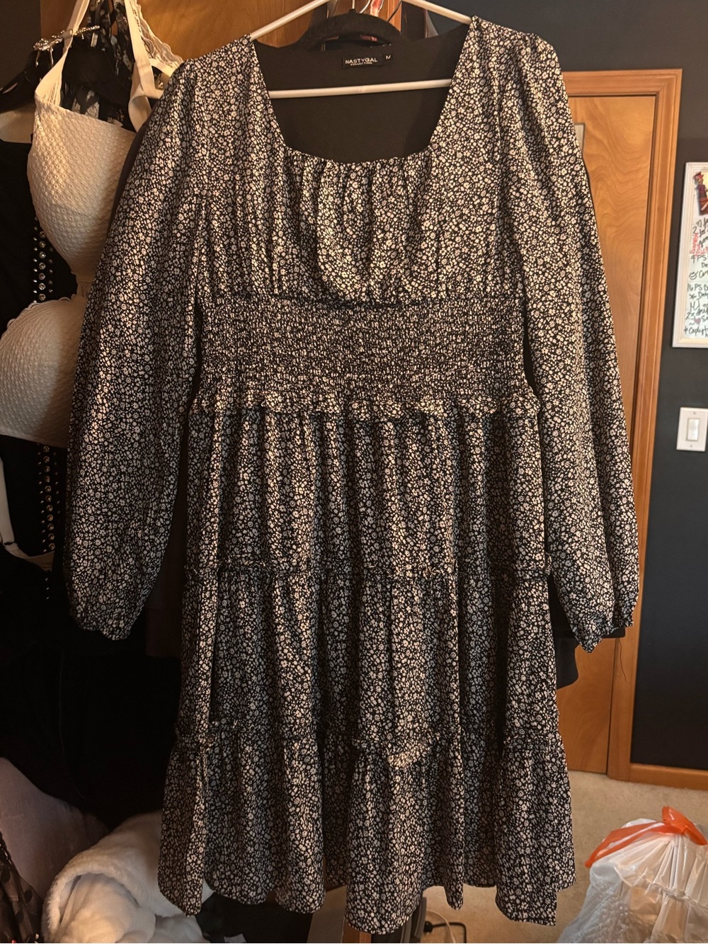 Nasty Gal Black Micro Floral Long-Sleeve Tiered Smocked Dress *NWOT!*
